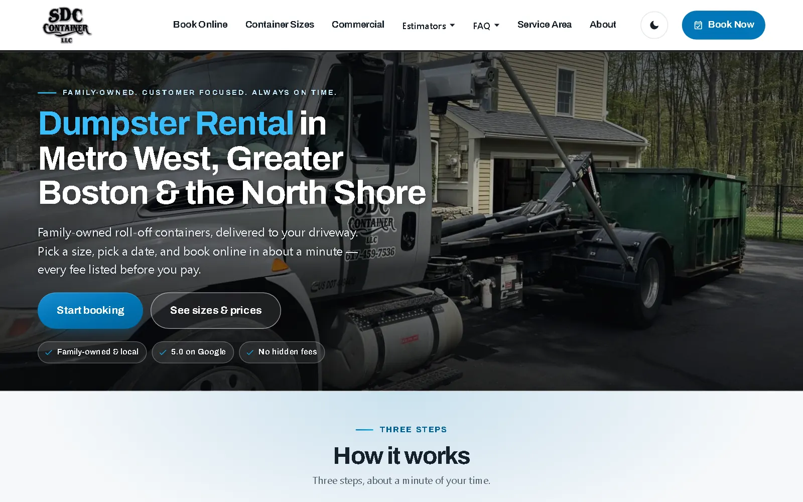 SDC Container's homepage on a desktop: a roll-off truck delivering a green dumpster to a driveway behind the headline Dumpster Rental in Metro West, Greater Boston and the North Shore, with Start booking and Book Now buttons.