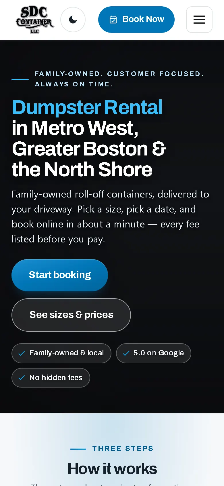 SDC Container's homepage on a phone: the headline, a line saying you can book online in about a minute, and Book Now and Start booking buttons on the first screen.