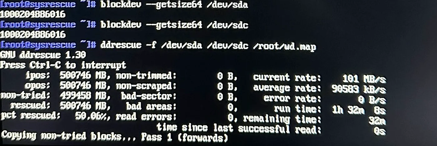 Copy progress: 500,746 MB rescued, 50.06 percent, zero read errors, one hour thirty-two minutes run time.