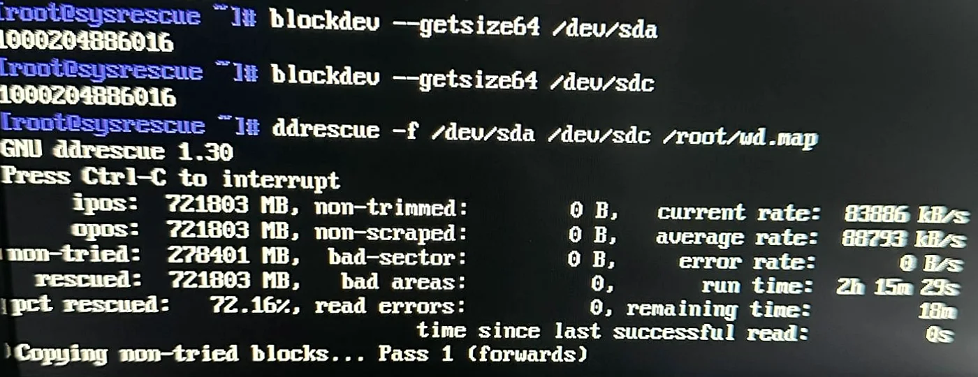 Copy progress: 721,803 MB rescued, 72.16 percent, zero read errors, two hours fifteen minutes run time.