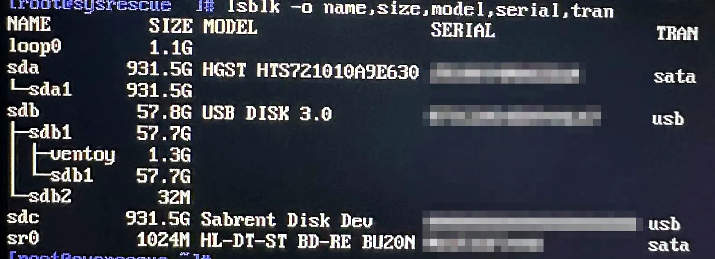 Terminal listing of the drives on the rescue bench: the 931.5 GB drive being read on the top line, a 57.8 GB USB rescue stick, and the 931.5 GB drive it was copied to. Serial numbers are pixelated.