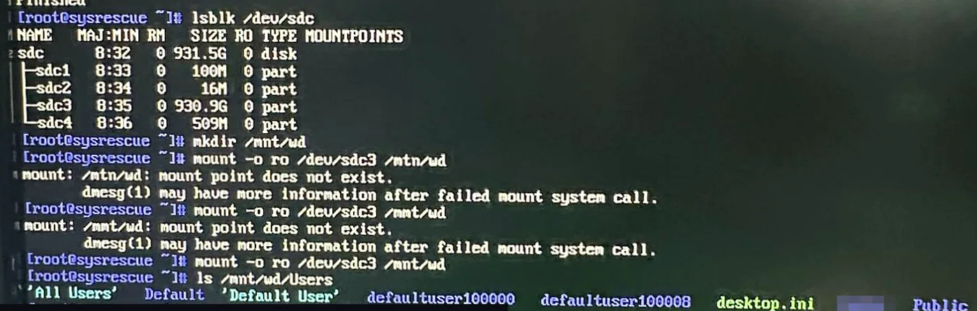 The copied drive listed with its four Windows partitions, mounted read-only, and the Users folder listed with its profile folders. The owner's name is pixelated.