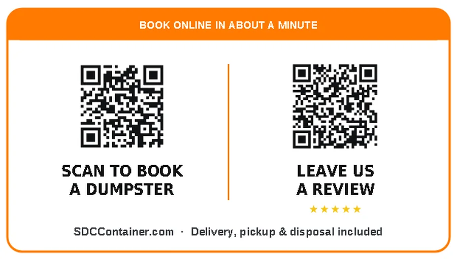 Business card back: a white card with an orange header reading Book online in about a minute, two QR codes labelled Scan to book a dumpster and Leave us a review, and sdccontainer.com, delivery, pickup and disposal included.