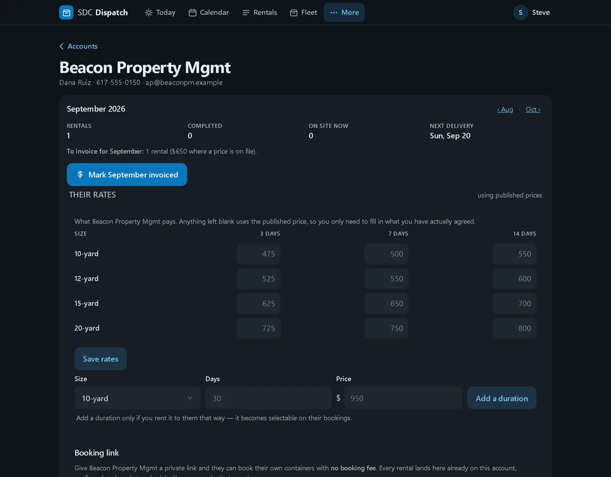 A commercial account in the dispatch app, dark mode: the month's rentals, completed and on-site counts, the next delivery, a Mark September invoiced button, the account's own rates by size and term, and a Booking link card offering a private link with no booking fee.