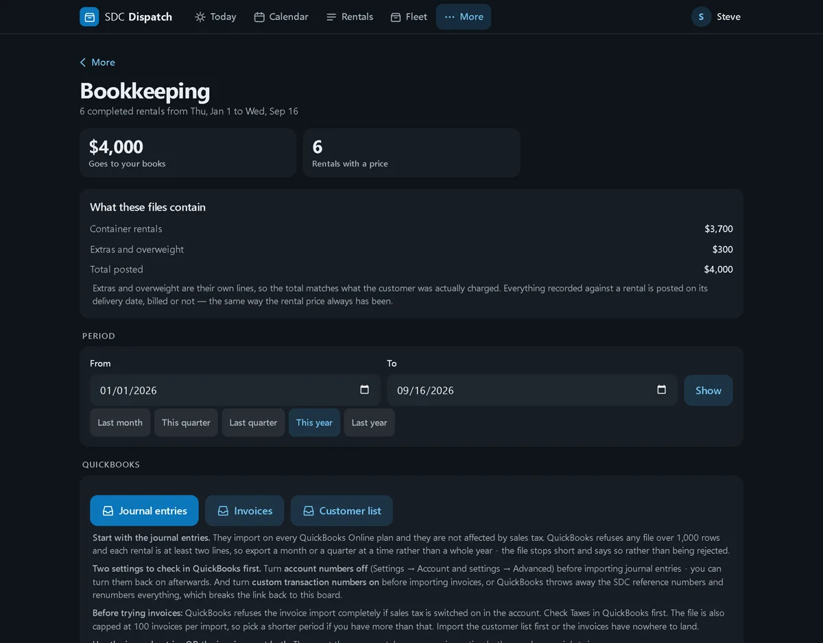 The bookkeeping page in dark mode: the total going to the books split into container rentals and extras and overweight, a date range with quick picks, and QuickBooks export buttons for journal entries, invoices and the customer list, with import notes underneath.