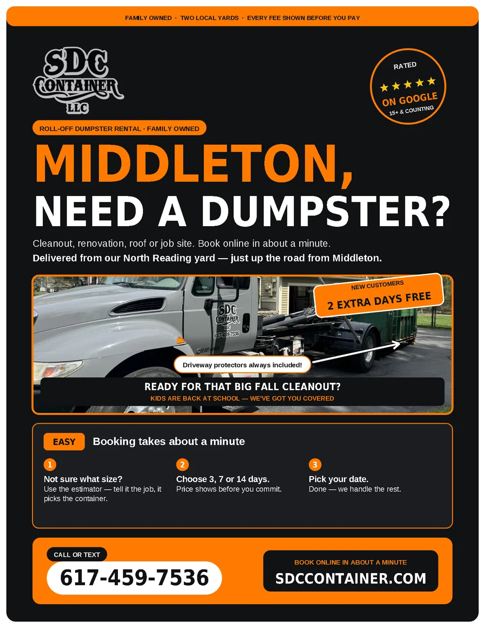The Middleton edition of the mailer as designed: Middleton, need a dumpster?, a photo of the roll-off truck with a 2 extra days free badge for new customers, three booking steps, the call-or-text number and sdccontainer.com.