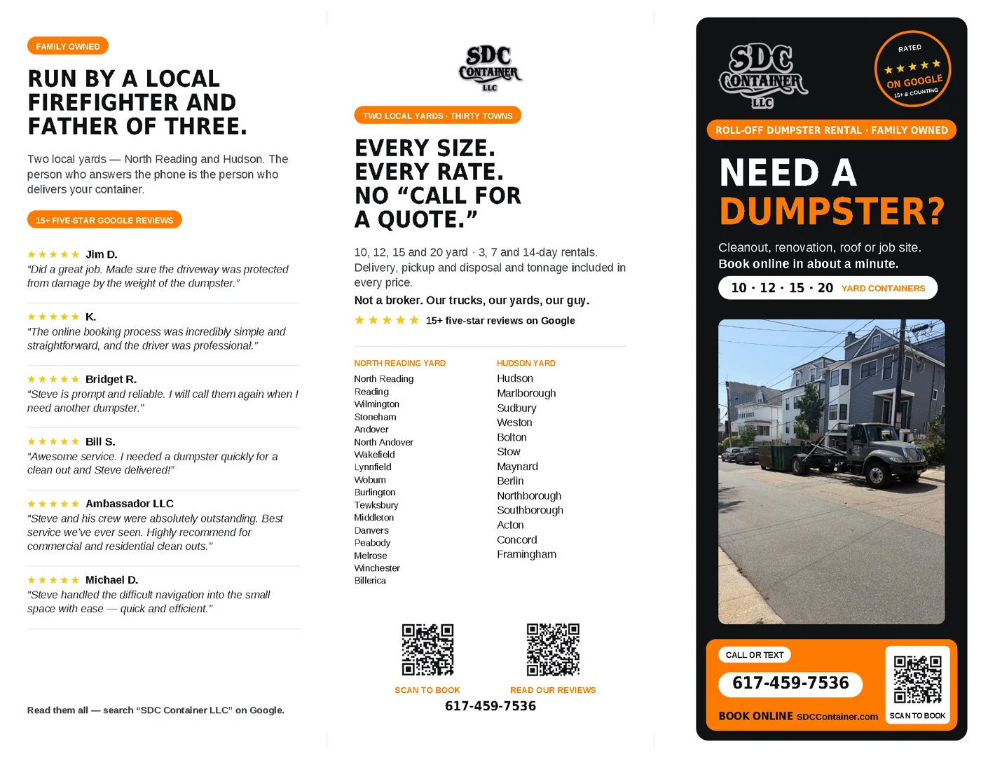 Outside of the tri-fold brochure, three panels: a family-owned panel with six five-star Google reviews; a pricing panel with the two yards, the thirty towns they serve, and QR codes to book and to read reviews; and the front panel, Need a dumpster?, with the truck photo, the four container sizes and a scan-to-book code.
